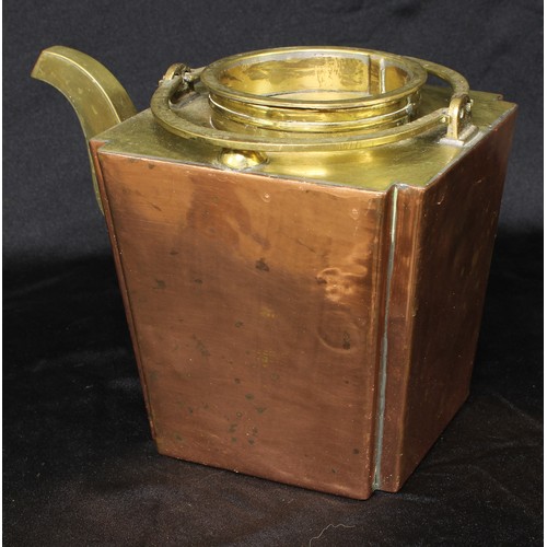 5275 - An Arts and Crafts copper and brass tapered square tea kettle, of Japanese inspiration, twin swan ne... 