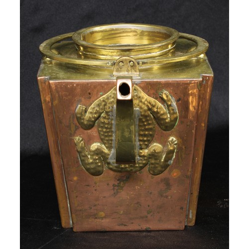 5275 - An Arts and Crafts copper and brass tapered square tea kettle, of Japanese inspiration, twin swan ne... 