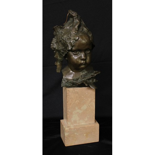 5336 - Continental School (early 20th century), a brown patinated bronze, head of an impish girl, marble pl... 