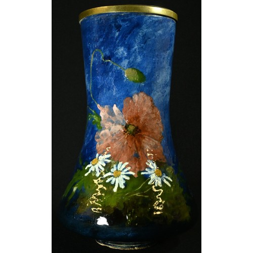 5274 - An Art Pottery vase, painted impasto with flowers on a mottled blue ground27cm high, signed EG and i... 