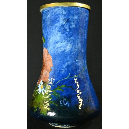 5274 - An Art Pottery vase, painted impasto with flowers on a mottled blue ground27cm high, signed EG and i... 