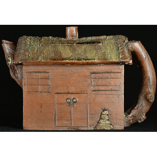 5104 - A Chinese Yixing teapot, as a house, rustic branch handle, 14.5cm long, impressed seal mark