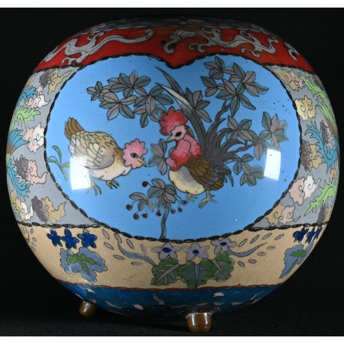 5083 - A Chinese cloisonné enamel globular jar, decorated in polychrome with phoenix, chickens and scrolls,... 