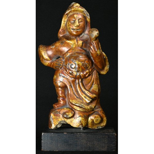 5081 - A Chinese cast and lacquered figure, of an immortal, 17.5cm high, collector's display plinth