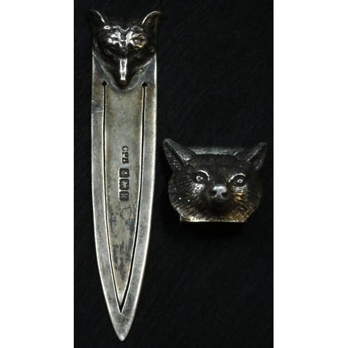 5297 - An Edwardian silver novelty bookmark, crested by a fox mask, 7.5cm long, Birmingham 1909; a menu hol... 