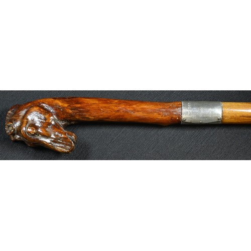 5116 - A gentleman's novelty walking cane, the handle carved as the head of a horse, silver ferrule, malacc... 