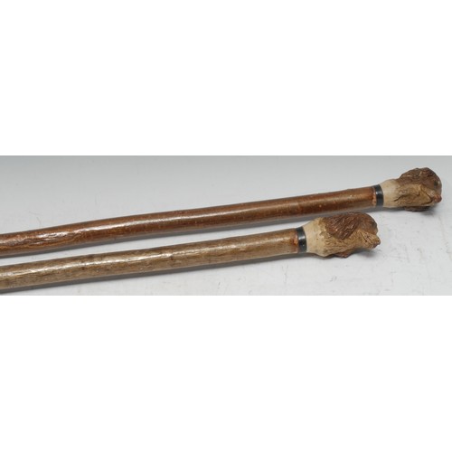 5072 - A Black Forest style fell walking stick, the pommel as the head of a spaniel dog, 125cm long; anothe... 