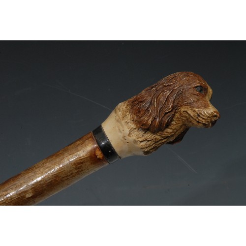 5072 - A Black Forest style fell walking stick, the pommel as the head of a spaniel dog, 125cm long; anothe... 