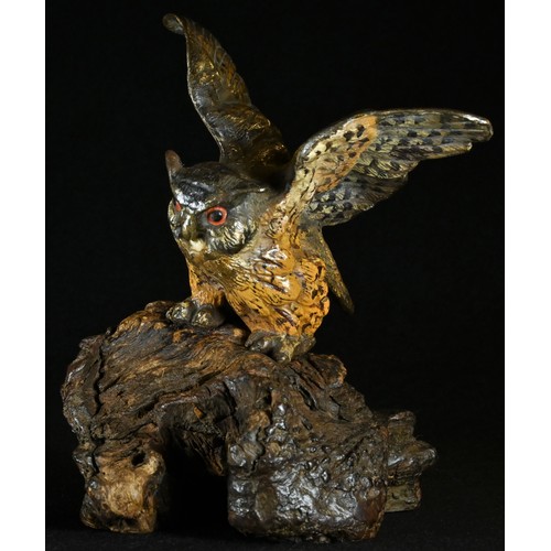 5276 - An Austrian cold painted bronze, of an owl, rustic wooden base, 13.5cm high, c.1900