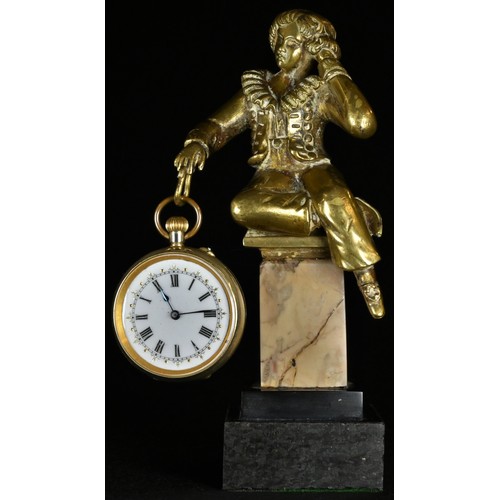 5075 - A bronze and marble novelty pocket watch stand, as a finely dressed young gentleman, stepped plinth ... 