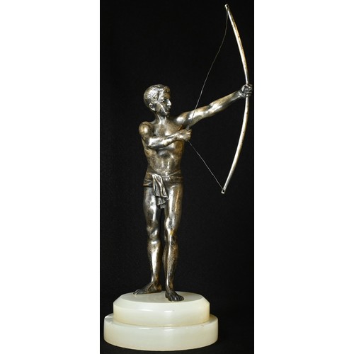 5271 - An Art Deco period silvered metal figure, of a scantily clad archer, stepped circular white onyx bas... 