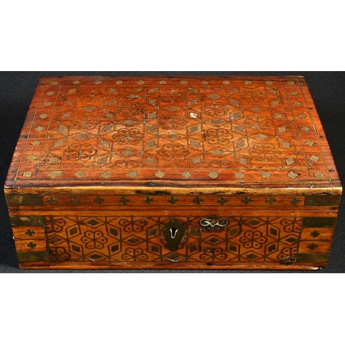 5305 - An Indian hardwood and brass marquetry rectangular box, inlaid throughout with stylised flowerheads ... 