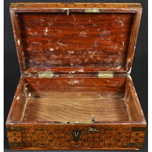 5305 - An Indian hardwood and brass marquetry rectangular box, inlaid throughout with stylised flowerheads ... 