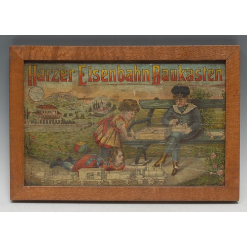 5287 - An early 20th century German toy packaging advertisement, Harzer Eisenbahn Baukasten, printed in pol... 