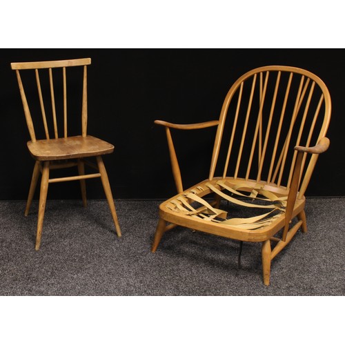 215 - A 1960s Ercol open arm chair, 75cm high; a similar Ercol elm side chair, 79cm high; a similar elm to... 