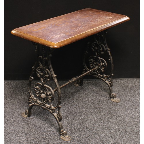 216 - A cast iron and oak pub table, rectangular top, embossed brown & co Derby, 74cm high, 92cm wide, 46c... 