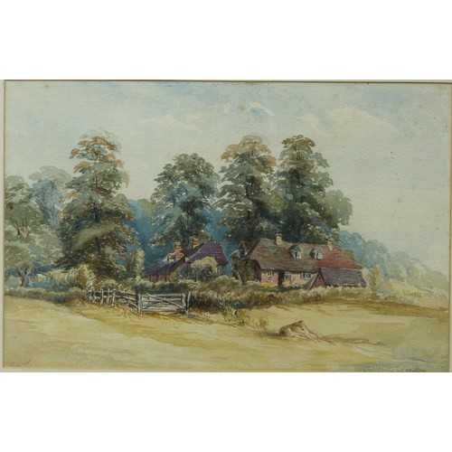 382 - English School, cottages within the wooded landscape, indistinctly signed, watercolour, 25cm x 38cm