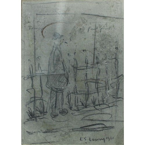 389 - Lowry 
Figure Standing By Fence 
bears signature, pencil drawing, 20cm x 14cm