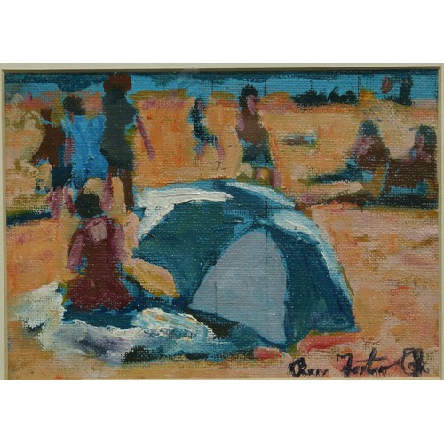 391 - Ross Foster 
Beach Scene, figures with parasol
signed, oil, 12cm x 17cm