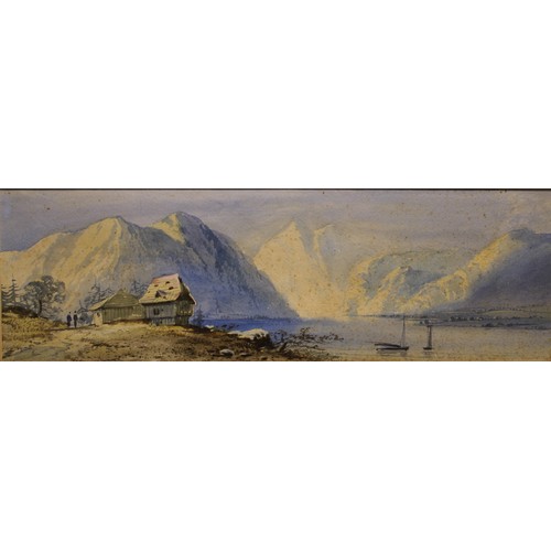 394 - Henry Earp (19th century) 
Continental Lake Scene 
signed, watercolour, 16cm x 51cm