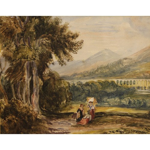 396 - Attributed to David Cox (19th Century) 
Landscape with Figures and viaduct, Pont-Y-Cyslty
watercolou... 