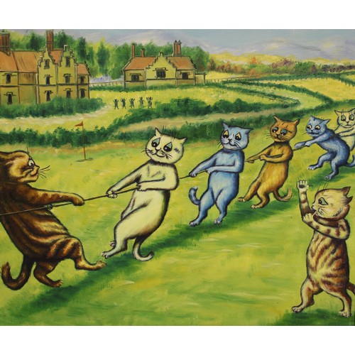 395 - After Louis Wain, Cats at Tug of War, oil on canvas, 50cm x 60cm