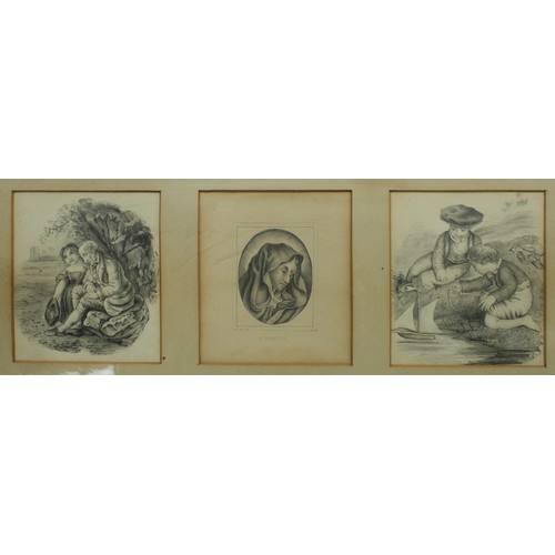 393 - A set of three pencil drawings including the Madonna, framed; a coloured engraving, The Salmon, Lond... 