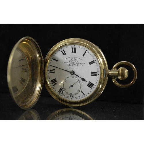 3002 - A Thomas Russell & Sons, Elgin gold plated hunter cased pocket watch, white dial, bold Roman numeral... 