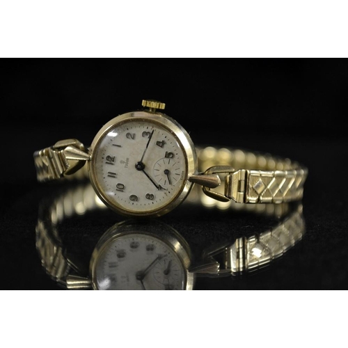 3004 - Tudor Rolex - a retro lady's 9ct gold bracelet watch, textured silvered dial, Arabic numerals, minut... 