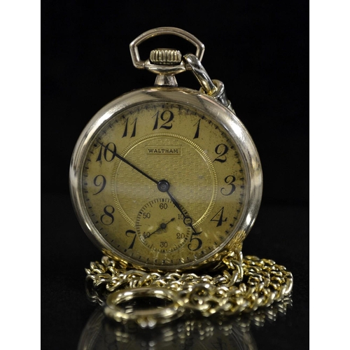 3005 - Waltham - a gold plated open face pocket watch, textured dial, Arabic numerals, minute track, subsid... 