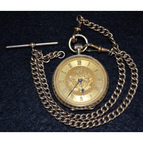 3006A - A 12ct gold open face pocket watch, gilt floral dial, raised Roman numerals, minute track, blued han... 