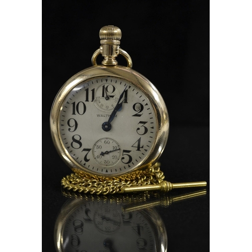 3007 - Waltham -a gentleman's gold filled open face up and down pocket watch, silvered dial, Arabic numeral... 