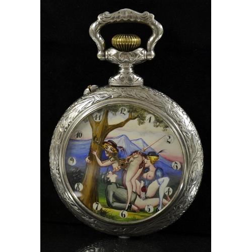 3008 - An unusually large erotic dial pocket watch, painted circular dial of a ménage à trois under a tree,... 