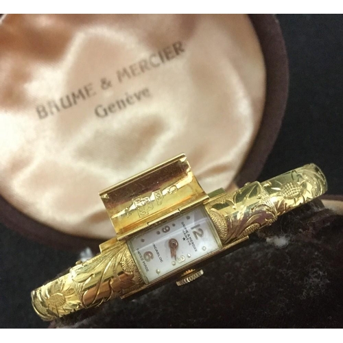 3008A - Baume & Mercier - an Art Deco lady's 18ct gold bracelet watch, rectangular dial, quartered Arabic nu... 