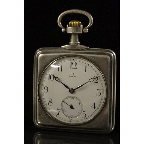 3010 - Omega- an unusual silver cased pocket watch, white enamel dial, Arabic numerals, minute track, subsi... 