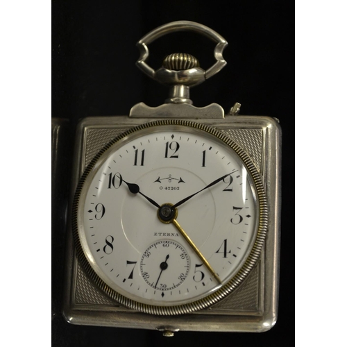 3012 - An unusual Eterna square cased silver alarm pocket watch, white dial, Arabic numerals, minute track,... 