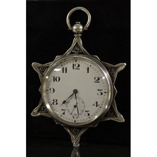 3014 - An unusual Masonic continental silver star cased open face pocket watch, white dial, Arabic numerals... 
