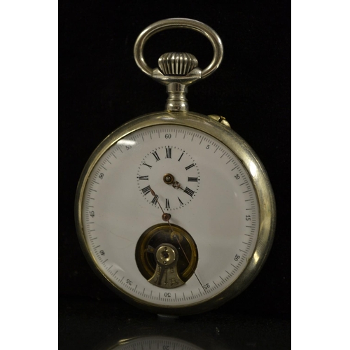 3016 - An unusual Nickel cased French cylinder centre second pocket watch, white enamel dial, small subsidi... 