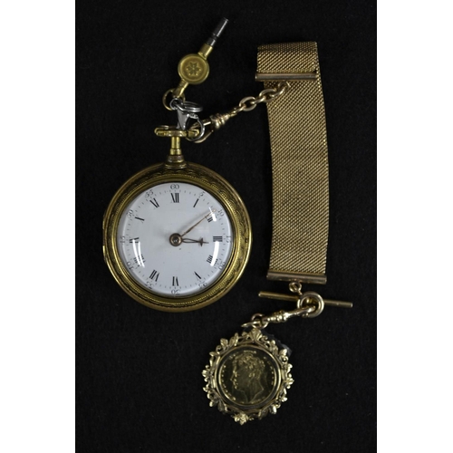 3020 - A George II pair cased gilt metal mourning pocket watch, Peter Bacot, London, white enamelled dial, ... 