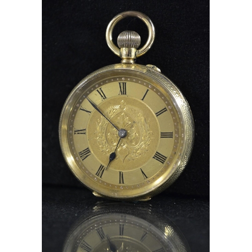 3023 - A Continental 18ct gold open face pocket watch, floral engraved gilt dial, Roman numerals, minute tr... 