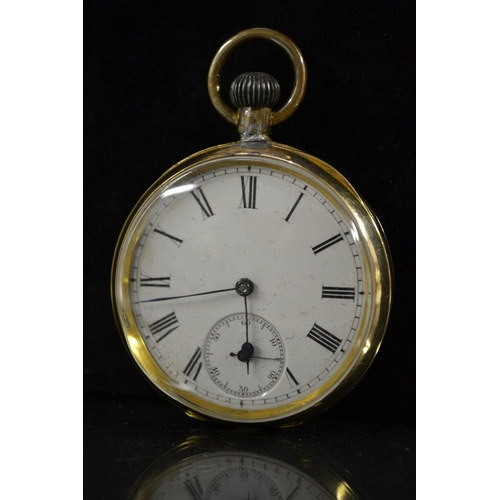 3025 - Omega - a 14ct gold open face pocket watch, white, enamel dial, Roman numerals, blued hand, minute t... 