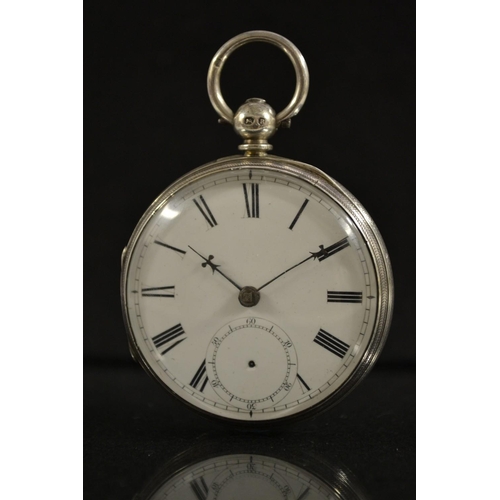 3028 - A Victorian silver open face pocket watch, white dial, bold Roman numerals, minute track, subsidiary... 