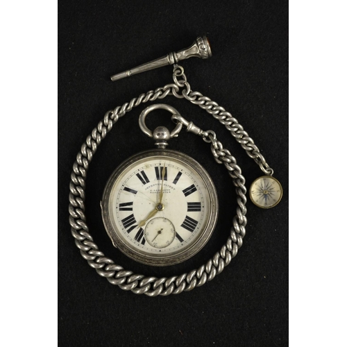 3036 - An Edwardian silver open face Improved patent pocket watch, retailed G Aaronson, Manchester, white d... 