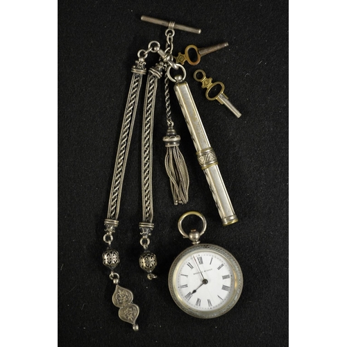 3037 - A continental silver open face pocket watch, retailed by Kendal & Dent, white enamel dial, Roman num... 