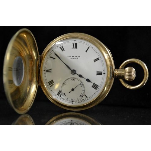 3039 - A J W Benson 9ct gold half hunter pocket watch, white dial, bold Roman numerals, minute track, subsi... 
