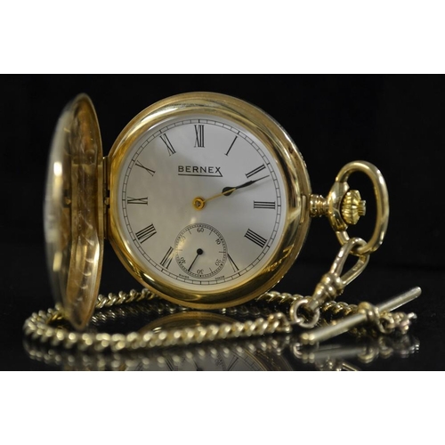 3041 - A Bernex 9ct gold full hunter pocket watch, white dial, Roman numerals, minute track, subsidiary sec... 