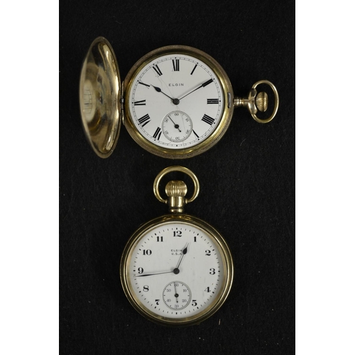 3042 - An Elgin gold plated full hunter case pocket watch,  white dial, bold Roman numerals, minute track, ... 
