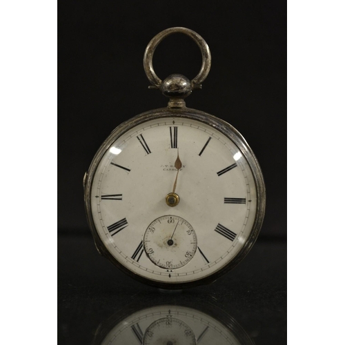 3048 - A Victorian silver open face pocket watch, retailed J T Barry, Cardiff,  white dial, Roman numerals,... 