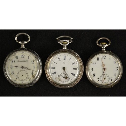 3052 - A Tavannes continental silver & niello open face pocket watch, cream dial, 24 hour Arabic numerals, ... 