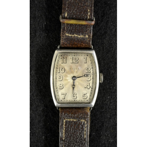 3067 - Rolex - an Art Deco tonneau silver cased wrist watch, guilloche silvered tonneau dial, Arabic numera... 